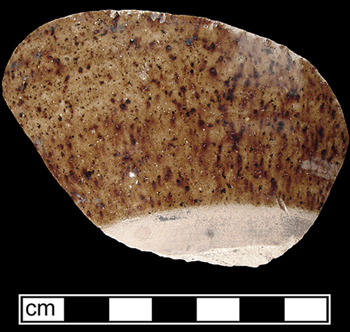 Manganese mottled bulbous bodied hollow vessel, possibly jug.  The top photograph is the vessel exterior, showing a spotted effect and the bottom photograph is the interior glazing of the same vessel, with a more streaked appearance - Collected by George L. Miller in 1986 in Staffordshire in Hanley.  Cannot be attributed to a specific pottery.